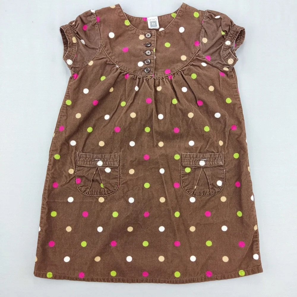 Carter's Dress Girls 4T Brown Polka Dot Corduroy Jumper Short Sleeve Pockets